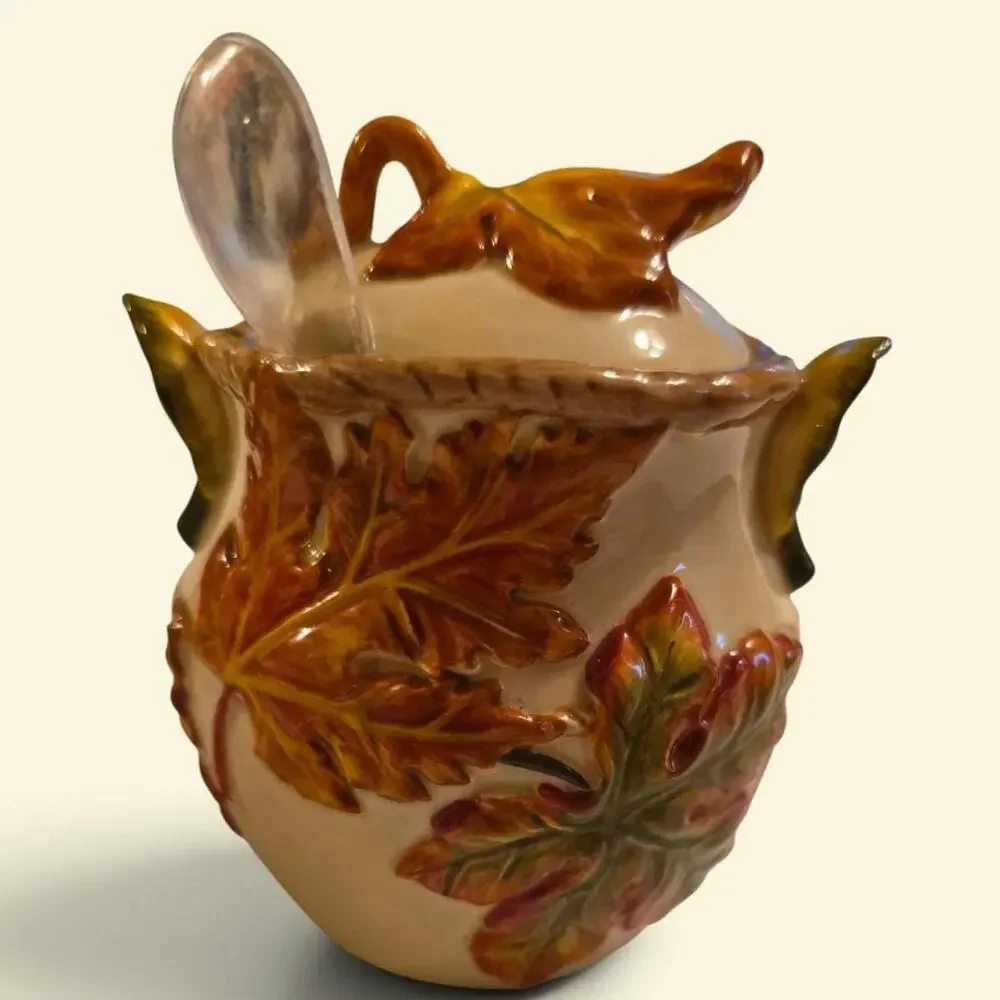 Bico China Creamer Sugar w Lid and Spoon Fall Leaf Motif